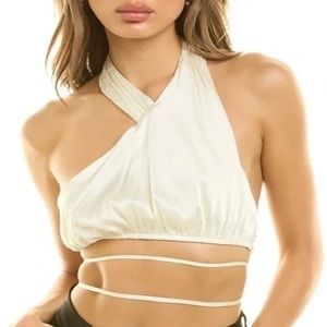 DANIELLE BERNSTEIN Cream Satin Wrap Halter Top